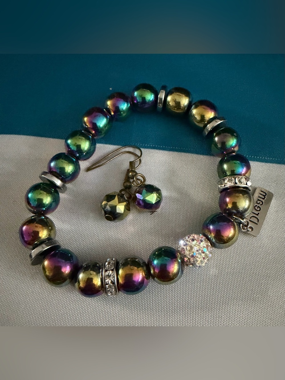 Iridescent Hematite Bead Bracelet and earring set Crystal Accent